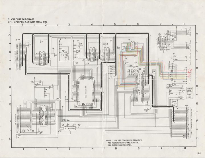 A circuit diagram for the Typestar 7, showing all ICs and I/O. The previous owner highlighted some of the lines
running to/from the interface port.